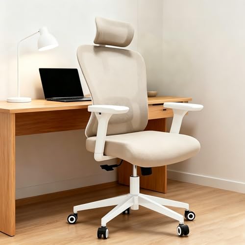 Image of Monhey Office Chair, Ergonomic Office Chair, Home Office Desk Chair for Big and Tall People, Computer Chair with Adjustable Headrest, Lumbar Support, Flip-Up Arms, PU Wheels (03khaki)