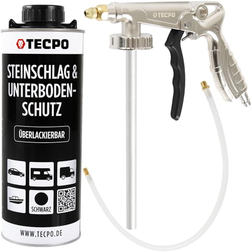 TECPO Protezione sottoscocca bitume verniciabile, 1 litro di aspirazione nero UBS Set con pistola a spruzzo ad aria compressa per protezione da pietrisco, protezione carrozzeria, antiruggine