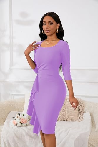 Image of Womens 1950s Vintage Bodycon Dress 3 /4 Sleeve Square Neck Cocktail Pencil Sheath Midi Dress Elegant