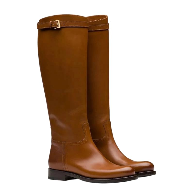 Womens Solid Genuine Leather Round Toe Thick Low Heel Slip On Buckle Knee High Riding Boots