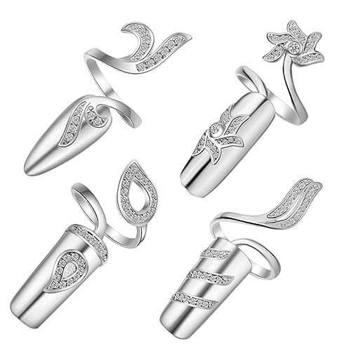 Lurrose Vintage Rings 4 Pcs Women Fingernails Ring Fashion Crystal Rhinestone Nail Cap Cover Ring Nail Art Charm Open Nail Rings Jewelry for Women Girls Silver Vintage Decor