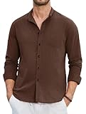 Enlision Mens Brown Linen Shirts Long Sleeve Shirt Button Down Henley Shirts Cotton Casual Summer Shirt Beach Lightweight Holiday with Pocket L