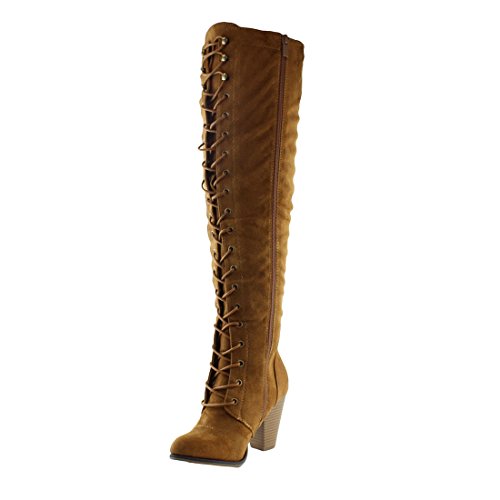 Forever Women's Camila-47 Chunky Heel Lace Up Over-The-Knee High Riding Boots, Tan Suede, 8.5 B(M) Us #TOP2