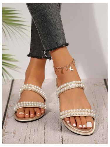 GORGLITTER Women's Pearl Beaded Flat Sandals Open Toe Beach Vacation Slide Sandals3
