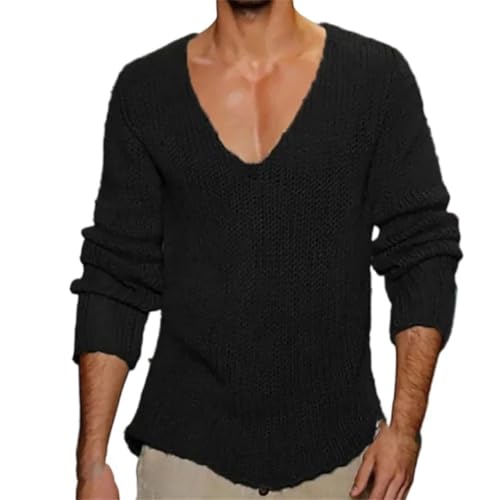 Mens Deep V Neck Pullover Long Sleeve Solid Knitted Sweater Casual Cotton Blend Business Jumper Top