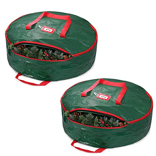 Zober Christmas Wreath Storage Bag - Water Resistant Fabric Storage Dual Zippered Bag For Holiday Artificial Christmas Wreaths, 2 Stitch-Reinforced Canvas Handles (24 Inch, Green, Set Of 2) #TOP10