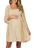 Ofenbuy Women's Long Sleeve Maternity Dress Square Neck Swiss Dot Casual Loose Short Dresses Apricot