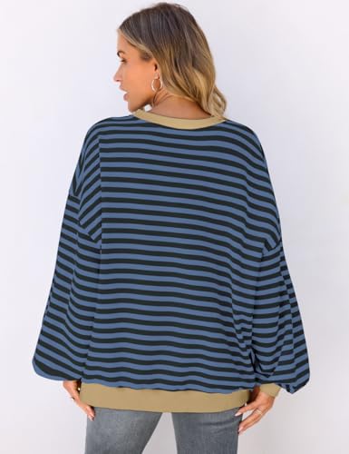 Image of UEU Women Oversized Striped Crewneck Sweatshirt Long Sleeve Color Block Pullover Tops Casual Loose Workout Shirt
