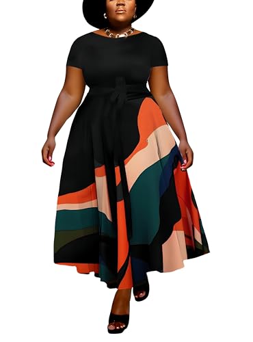 Image of Hostoyo Women Plus Size Formal A Line Maxi Dress Self Tie Waist with Pockets Elegant Round Neck Swing Long Dresses