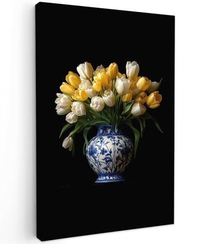 Arrangement floral tulipes jaunes blanches vase bleu noir poster mural salon 40x50cm sans cadre