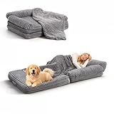 OtterOasis Foldable Human Dog Bed 72'x43'x11.5', Fluffy Faux Fur Human Pet Bed with Blanket, Orthopedic Dog Bed with Egg Foam and Water Proof Liner (Light Grey (Foldable), 72' Length)