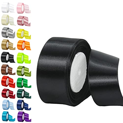 50mm Wide Black Ribbon for Crafting 22M 2Inch Black Solid Fabric Large Thick Double Sided Satin Decorative Ribbon for Gift Wrapping Wedding Car Sewing Floral Xmas Presents