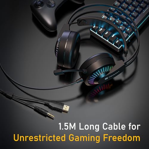 Image of Portronics RAVN Premium Wired Over Ear Gaming Headphone with Boom Mic, Soft Head Support, RGB LED Lights, 40mm Dynamic Driver, 1.5M Cable Length, Lightweight, 3.5mm + USB A Connector (Black)