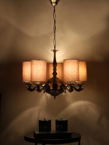 Image of Devansh 05 Lights Grey Round Cotton Shade with Antique Golden Chandelier