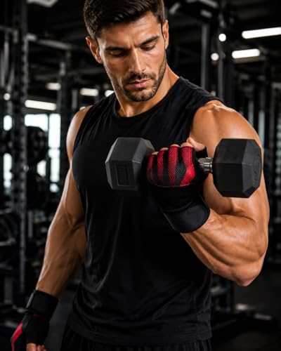 Image of GymWar Unisex Leather Gladiator Gym Gloves | for Professional Weightlifting, Fitness Training and Workout | with Half-Finger Length, Wrist Wrap for Protection (Red, XL)