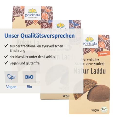 Govinda Bio Laddu Mixed-Box (6x 120g) | Indische Köstlichkeit | Ayurvedisches Kichererbsen-Konfekt | Vegan & Glutenfrei | 3 leckere Geschmacksrichtungen: Natur/Sesam/Kokos
