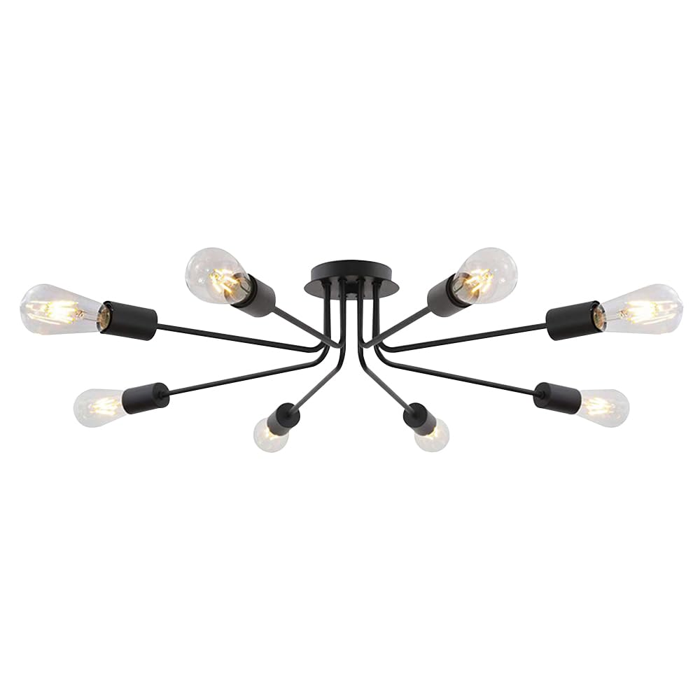 Vintage Ceiling Light, Industrial Semi Flush Mount Ceiling Light, Modern Chandelier Ceiling Light for Living Room, Bedroom, Kitchen, Dining (Black 8-Heads)