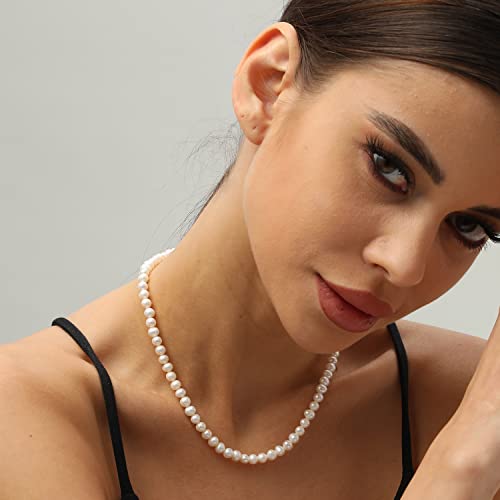XYJZXY Pearl Necklace with Golden Charm, 18-Inch Adjustable Chain, 5-6mm White Pearls, Women Pearl Choker Necklace, Handmade Jewelry2
