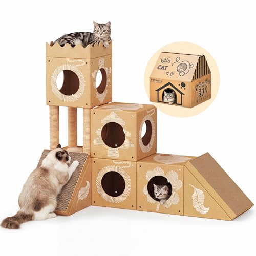PalNests DIY Cardboard Cat House Multi-Level Cat Tree Tower with Scratching Posts Scratching Pad Tunnel & Playhouse for Kittens & Adult Cats Recyclable 48.8 25 40.16 Kraft Brown
