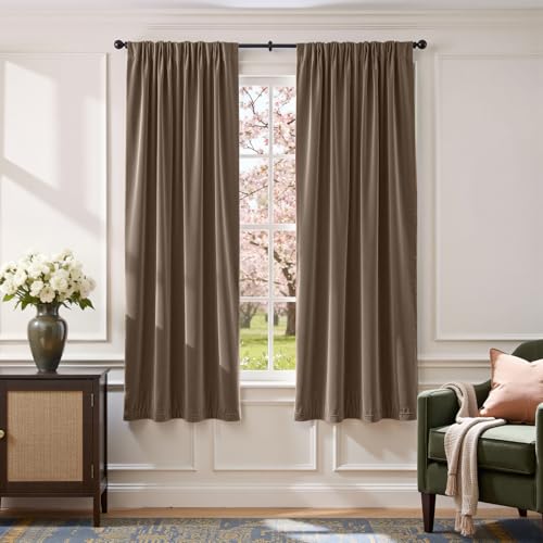 Image of Truffle Velvet Curtains Quiet Luxury Rod Pocket 52x72 Inch 2 Panels | Soft Velvet, Light Filtering, For Small Windows, Kitchens & Bathrooms, Light Shifting Texture, Elegant Drape, Luxury