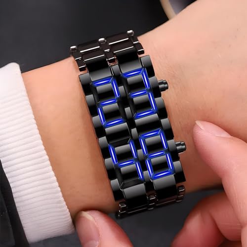 Gosasa Men's Lava Style Stainless Steel Watch Red Blue LED Digital Watch Black Bracelet Watch