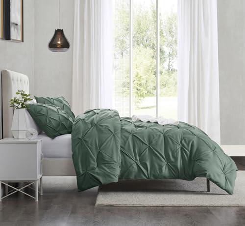 Image of Nestl Forest Green Duvet Cover Queen Size - Soft Double Brushed Duvet Set with Button Closure & Corner Ties, 3 Piece Luxurious Pinch Pleated Duvet Cover Set 90x90 Inches with 2 Pillow Shams
