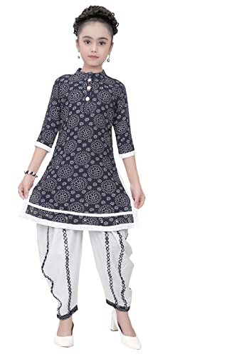 Kids Girls Indian Ethnic Kurta Dhoti Dress Set, Cotton Blend Fabric, Size 2 Years to 14 Years