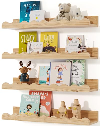 Image of Seocry Kids' Bookshelf Set of 4 - Wood Floating Nursery Book Shelves, Picture Ledge Shelf for Wall Decor and Storage - Perfect for Books, Toys, Photo Frames, and Nursery Décor