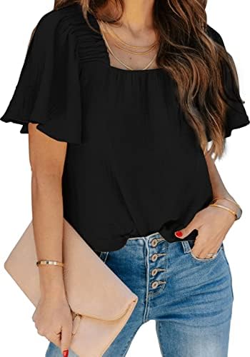 Women's Square Neck Flutter Short Sleeve Casual Loose Cute Summer Blouse Tops Shirts 1 Women's Square Neck Flutter Short Sleeve Casual Loose Cute Summer Blouse Tops Shirts