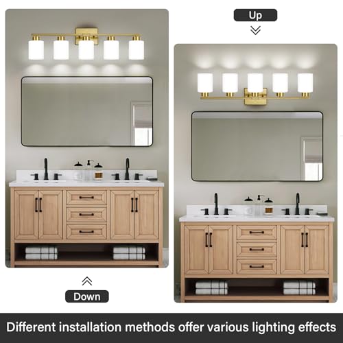 Image of FonmYim Brushed Gold Bathroom Light Fixtures, 5-Light Modern Vanity Light Over Mirror, Wall Sconces with Milky White Frosted Glass Shades, E26 Socket (Bulbs Not Included)