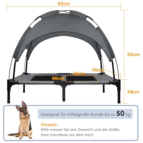 UISEBER Hundebett Erhöhtes Haustierbett 92 x 76 x 92 cm Hundeliege Outdoor mit Überdach für große Hunde bis 50 kg Wasserdicht Hundebetten für Innen und Außen Grau +Schwarz【L】