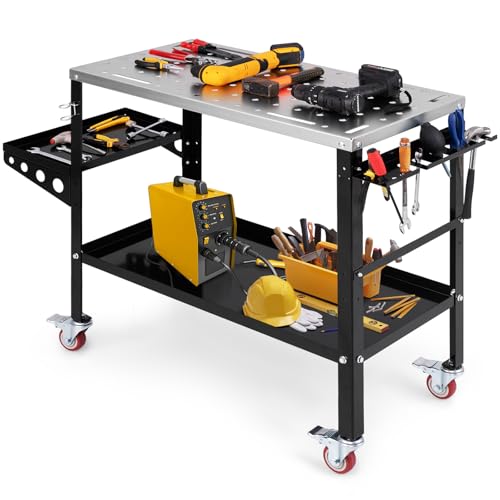 Image of Goplus Rolling Welding Table, 1200 LBS Welding Workbench Table Top w/4 Lockable Wheels, Tool Rack & Tray, 5/8” Holes, 8 Tool Slots, 2 Nozzle Holders, 36” x 18” Weld Fixture Table for Garage Shop