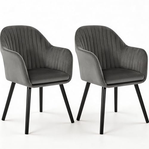 WOLTU Esszimmerstühle 2er Set, für Schlafzimmer Küche Wohnzimmer, Küchenstühle gepolstert mit Armlehne, Massivholzbeinen, Sitzfläche aus Samt, Dunkelgrau