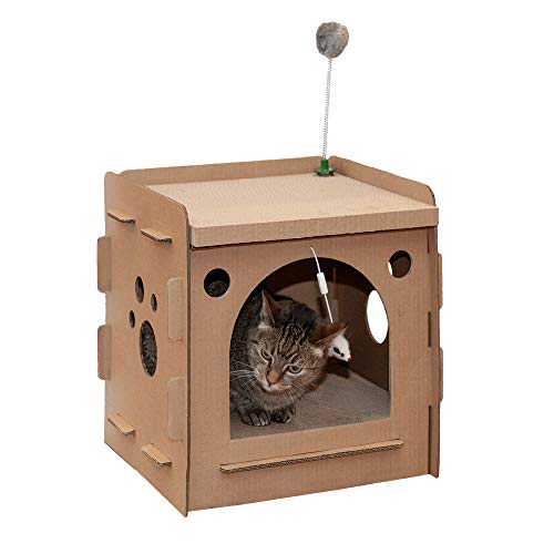 Image of Furhaven Pet Furniture for Cats and Kittens - Tiger Tough Modern Condo Corrugated Cat Scratcher Playhouse Hideout with Catnip, Cardboard (Brown), One Size