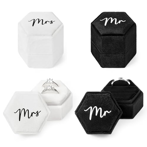 CEELGON Mr & Mrs Velvet Wedding Ring Boxes 2-Slot Hexagon