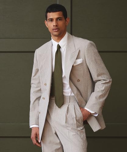 Mens Double Breated Striped Seersucker Suit 2 Piece Blazer Pants Beach Wedding Casual Lightweight Suit4