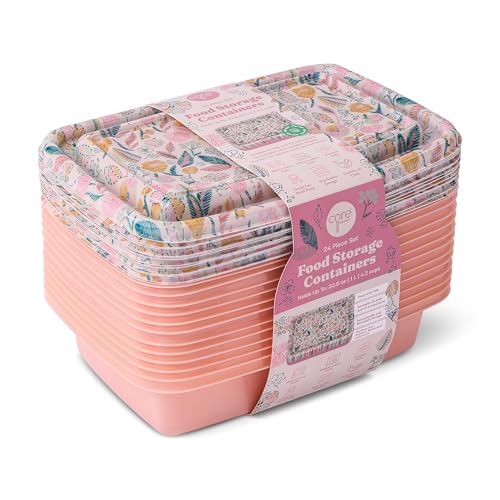 Core Home Pantry Refrigerator Freezer 33 Ounce BPA Free Plastic Stackable Meal Prep Food Storage Container Set, 24 Piece Set, Pink and Green, Stitched Floral