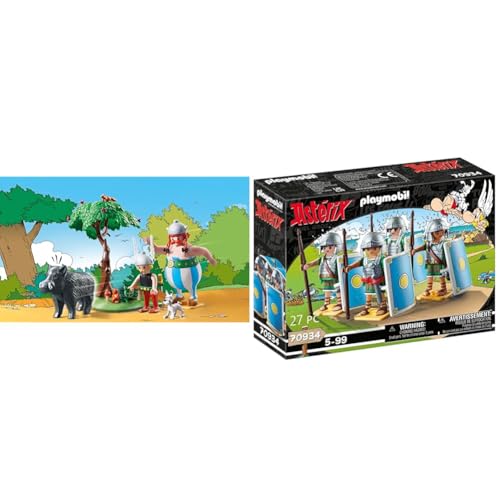 PLAYMOBIL Asterix 71160 Wildschweinjagd, Mit kippbarem Baum & Asterix 70934 Römertrupp bestehend aus Vier Römern mit Helmen, Schwertern und Schilden