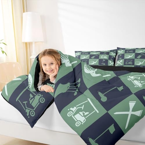 Image of Feelyou Golf Comforter Set Queen Size Navy Blue Green Plaid Buffalo Check Geometric Bedding Set for Kids Boys Girls Sports Theme Duvet Quilt Bedroom Decor Microfiber 3 Pcs with 2 Pillow Cases