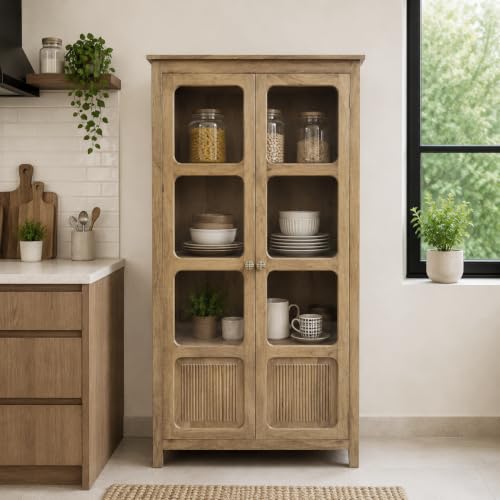 Image of The Attic Crestwood 2 Door Kitchen Cabinet, Multipurpose Cabinet for Bedroom Living Room Study bar, Solid Wood Bookshelf Kitchen Cabinet, Light Teak Matte Finish Glass