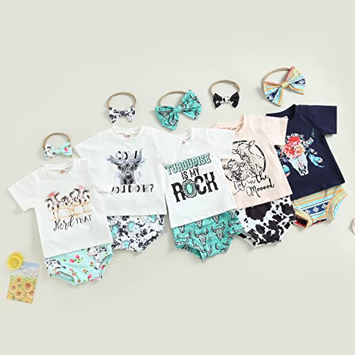 Western Baby Girl Clothes Cow Letter Print Short Sleeve Tshirt And Shorts Headband Set Boho Summer Clothes (Navy Blue,0-3 Months) #TOP6