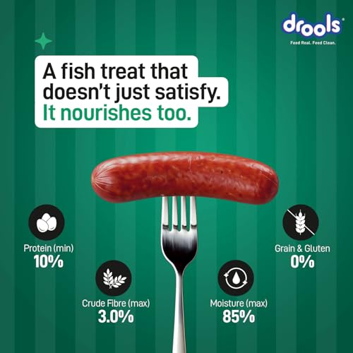 Image of Drools Adult & Puppy Sausage for Dog, 450g | Real Fish Flavour | High Protein | Treat & Food Topper | Grain Free | Best for Training & Bonding | No Preservatives