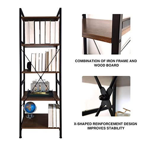 Ogcau Bookcase And Bookshelf 5 Tier Display Shelf, Industrial Bookshelf With Metal Frame, Freestanding Storage Shelves, Narrow Bookshelf For Home Office, Vintage Industrial Style, Dark Brown #TOP4