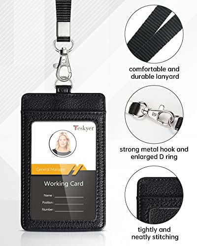 Teskyer Badge Holder with Lanyard, Leather ID Name Badge Card Holder with Lanyard for ID Badges, Vertical, Lychee Pattern Black