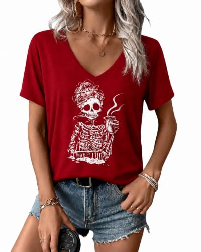 essential cocoon Women's Halloween Skeleton Graphic V Neck Tee,L Red
