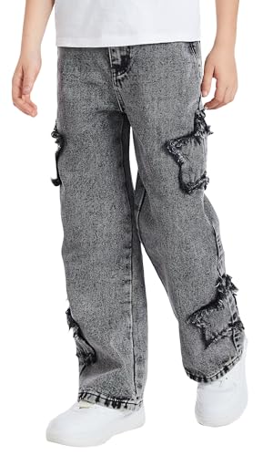 SEAUR Boys Jeans Elastic High Waist Denim Pants Teen Cargo School Trousers Baggy Wide Leg Joggers