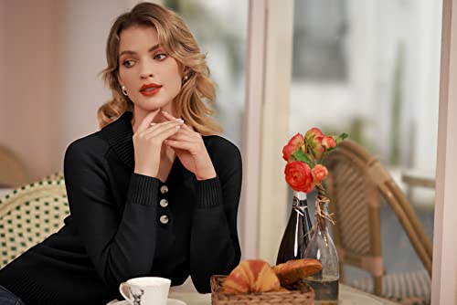 Belle Poque Ladies Fall Sweaters Long Sleeve V Neck Button Down Casual Pullover Sweater Black L #TOP4
