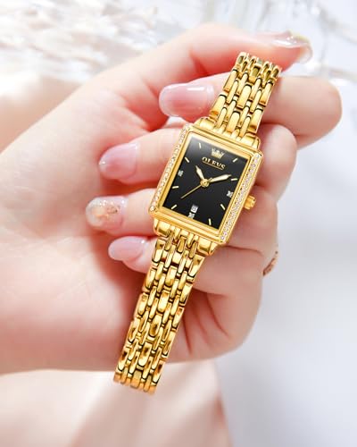 Image of OLEVS Gold Watches for Women Original Luxury Small Square Diamond Wrist Watch Analog Quartz Stainless Steel Waterproof Stylish Ladies Watch Date