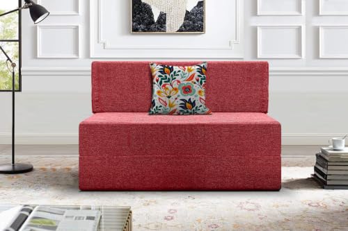 Image of Los Angeles Foldable One Seater Sofa Cum Bed, Sofa Bed 3 X 6 Feet Jute Fabric Washable Cover- Including Cushion Perfect for Living Room - Red