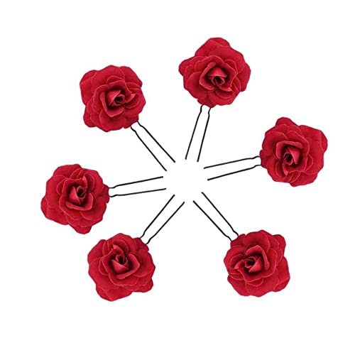 6 piezas de rosa roja floral clips U forma de alfileres elegantes para el pelo de novia para fiesta boda hecho a mano accesorio nupcial